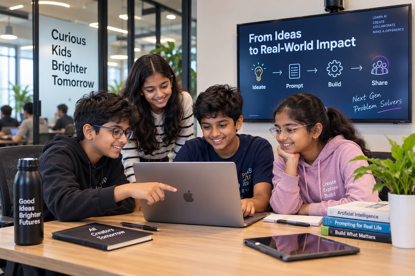 Kids collaborating around a laptop at AI Kids Lab
