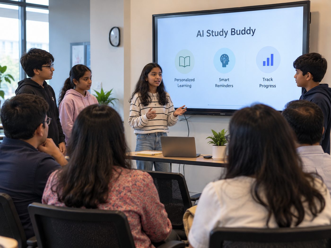 A student presenting her AI project to the group