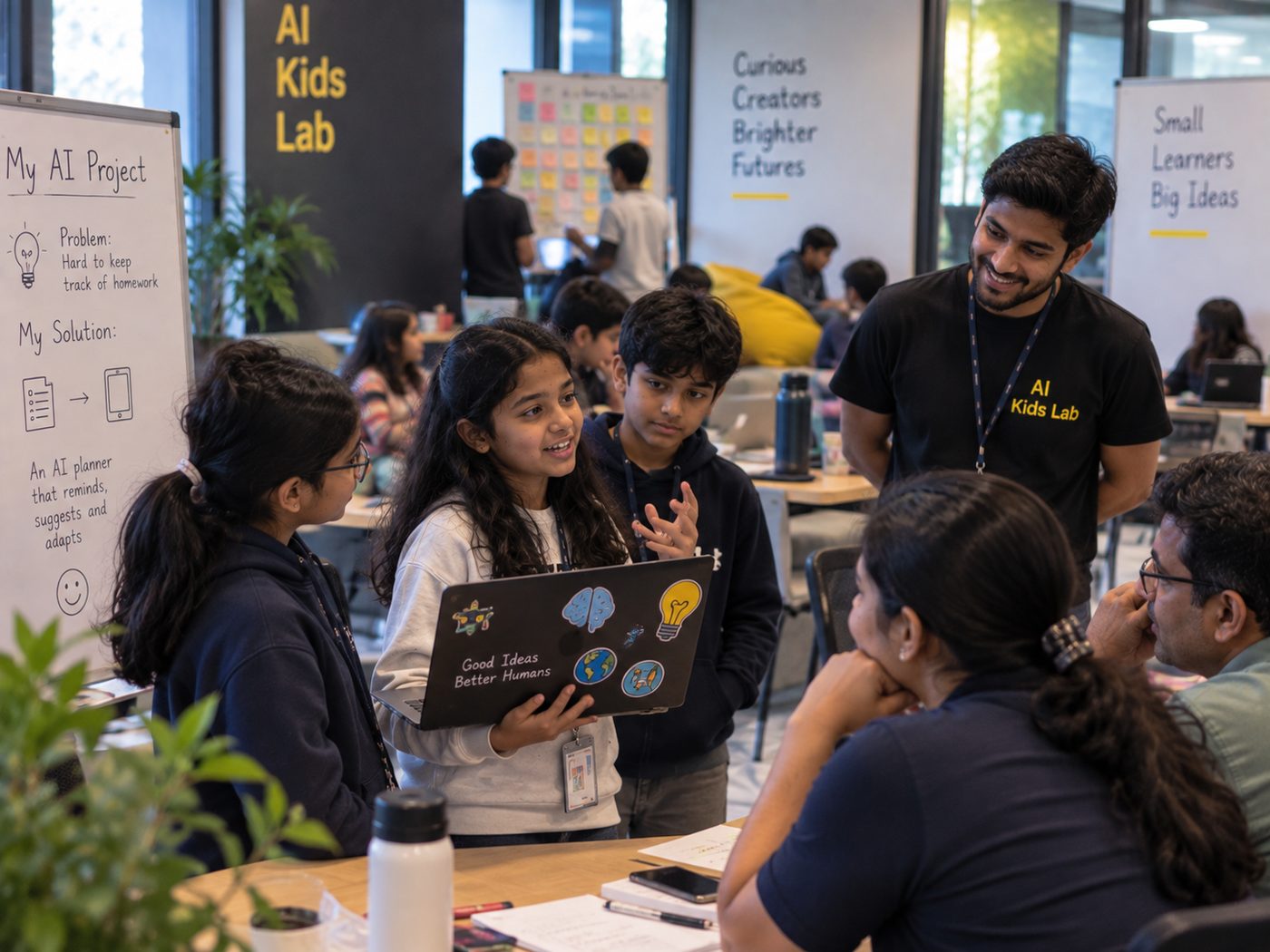 A student pitching her AI project idea to parents