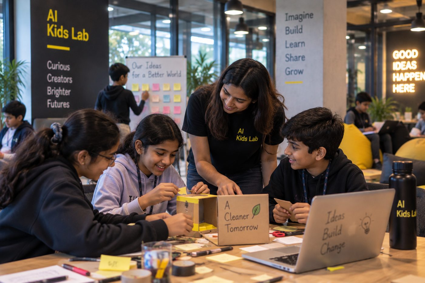 A mentor helping students build their AI project prototype